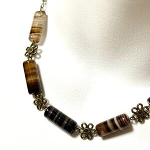 Earthy Eye Agate Flower Bib Necklace, Genuine Gemstones & Bronze Chain